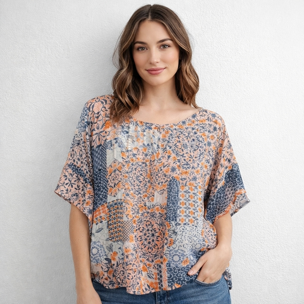 Style & Co Boho Floral Patchwork Blouse Blue Orange Flutter Bell Sleeve Peasant
